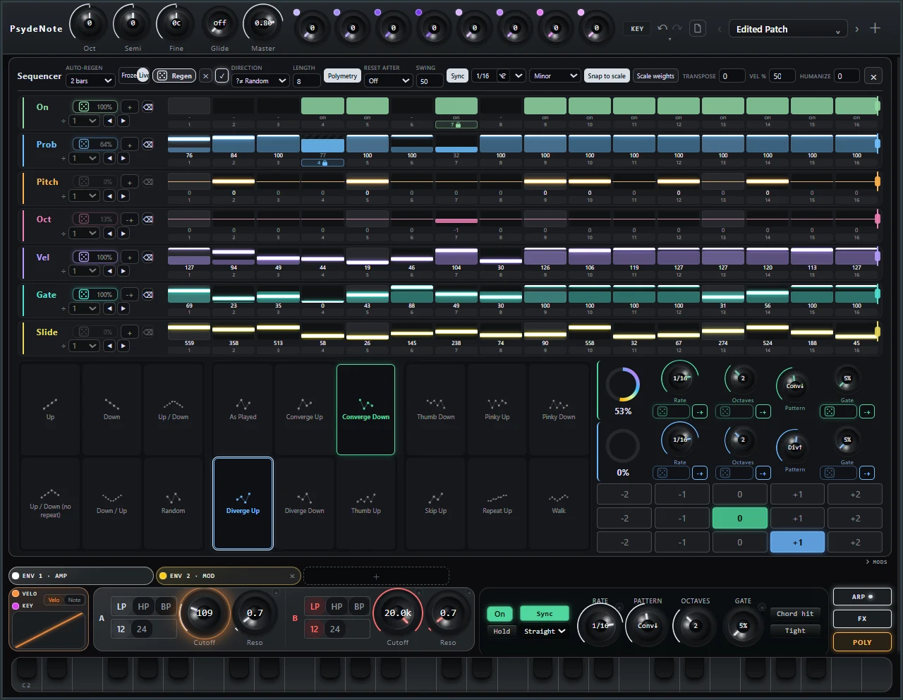 PsydeNote sequencer with 18 arp patterns and probability, pitch, octave, velocity, gate and slide lanes